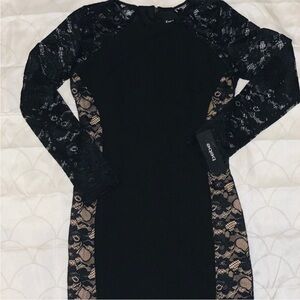 bebe Black and Nude Long Sleeve Lace Dress